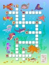 Crossword puzzle game for kids with sea animals. Educational page for children to study English language and words. Royalty Free Stock Photo