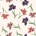 Spring flowers. Flower vintage seamless pattern. Oriental style. Spring tulips on yellow background. Royalty Free Stock Photo
