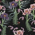 Spring flowers. Flower vintage seamless pattern. Oriental style. Tulips and herbs on black background. Royalty Free Stock Photo