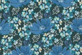 Art floral vector seamless pattern. Blue flowers, white, blue twigs isolated on marine background. Royalty Free Stock Photo