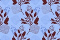 Art floral vector seamless pattern. Braun, blue branches, twigs, leaves,