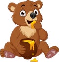 Cartoon baby bear sitting and eating honey from the pot