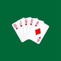 Royal flush hand of diamonds, playing cards deck colorful illustration.