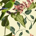Tropical Floral Print. Parrot Bird In The Jungle With Orchid Flowers In The Exotic Forest, Seamless Pattern For Fashion.
