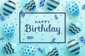 Happy birthday with realistic balloons and ribbons on blue background. Royalty Free Stock Photo