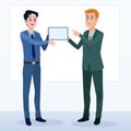 Business men Office cartoon characters. Standing persons. Business People at morning meeting. Illustration vector of discussion