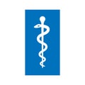 Rod of Asclepius pharmacy white on blue background vector icon.