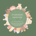 Vector illustration Ayurvedic massage. Shirodhara treatments equipment in the circle composition with a label for your text on