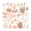 Big set of vector clip art Ayurveda. Hand drawn flat elements on Ayurvedic massage and Shirodhara treatment topic. Royalty Free Stock Photo