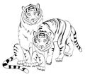 Black and white page for kids coloring book. Illustration of a tigers couple. Worksheet for children and adults.