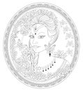 Fantasy portrait of beautiful fairy tale queen on antique medallion. Black and white page for coloring book.