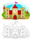 Colorful and black and white template for coloring. Illustration of medieval castle. Kids education.