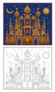 Colorful and black and white template for coloring. Illustration of fairyland medieval kingdom. Kids education.