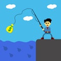 Illustration of cartoon character of a business fishing a money