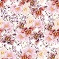 Seamless pattern with many kind of herbs and fluffy tulips flowers on white background.