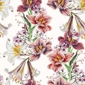 Seamless pattern with white lilies and fluffy tulips flowers and herbs on light background. Royalty Free Stock Photo