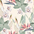 Tropical vintage palm leaves and plants, exotic flowers, pelican floral seamless pattern, light yellow background. Royalty Free Stock Photo