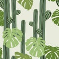 Seamless pattern summer cactus on desert mix with beautiful palm leaves for fashion fabric Royalty Free Stock Photo