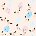 Lovely Ester eggs and flowers. Cute childish seamless pattern in cartoon style.