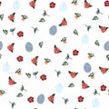 Lovely Ester eggs and flowers. Cute childish seamless pattern in cartoon style.