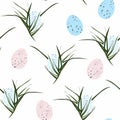 Lovely Ester eggs and grass. Cute childish seamless pattern in cartoon style. Royalty Free Stock Photo