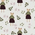 Cute cat in skirt. Seamless pattern design for kids fashion artworks, children books, wallpapers. Royalty Free Stock Photo