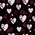 Holiday background, seamless pattern with red hearts. Valentine herbs backdrop. Black background. Royalty Free Stock Photo