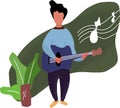 Young people who are playing guitar and ornate tones and plants