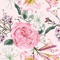 Floral seamless pattern with watercolor style pink roses and lilies with blooming herbs.