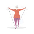 Flat vector illustration Senior Fitness. Cute grandmother holding a resistance band.