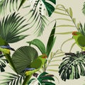 Tropical Floral Print. Green Parrot Bird In The Jungle Exotic Forest, Seamless Pattern For Fashion,.