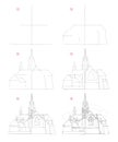 How to draw step by step sketch of imaginary medieval architectural building. Creation pencil drawing.