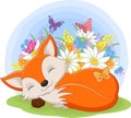 Cute baby fox sleeping in the grass among the flowers