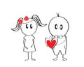 Boy and a girl cartoon character, boy is holding a red heart, vector. Funny, cute cartoon illustration. Valentine greeting card Royalty Free Stock Photo