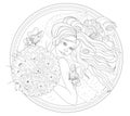 Drawing of beautiful girl with bouquet of flowers. Antique medallion with portrait of bride. Royalty Free Stock Photo