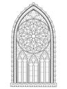 Beautiful Gothic stained glass window with rose. Medieval architecture in western Europe. Black and white fantasy drawing.