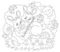 Black and white page for baby coloring book. Illustration of two cute rabbits playing music in the spring.