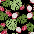 Seamless pattern with dragon fruits, pitaya and monstera leaves background. Hand drawn illustration for summer romantic cover. Royalty Free Stock Photo