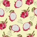 Seamless pattern with dragon fruits, pitaya background. Hand drawn  illustration for summer romantic cover, tropical wallpaper. Royalty Free Stock Photo