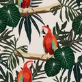 Tropical leaves, birds of paradise parrot seamless realistic background.