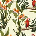 Tropical leaves, strelitzia flowers, birds of paradise red parrot seamless realistic background. Royalty Free Stock Photo