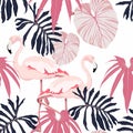 Pink flamingo, graphic pink palm leaves, white background. Floral seamless pattern. Tropical illustration. Royalty Free Stock Photo