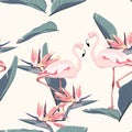 Pink flamingo, strelitzia leaves and flowers, light yellow background. Floral seamless pattern. Tropical illustration. Royalty Free Stock Photo