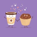 Cute vector illustration of coffee to go cup and a sweet chocolate muffin.