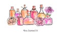 Rose essential oil. Hand drawn vector illustration of glass bottles in sketch style. Royalty Free Stock Photo