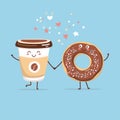 Cute vector illustration of coffee to go cup and a sweet chocolate donut. Kawaii food characters.