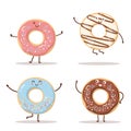 Set of cute happy donuts in trendy Kawaii style. Royalty Free Stock Photo