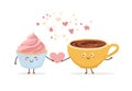 Cute vector illustration of coffee and a cupcake with strawberry cream.