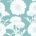 Seamless pattern with hand drawn gerbera flowers in sketch style. Mint line nature background.