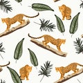 Seamless pattern with leopards and tropical leaves. Trendy style.